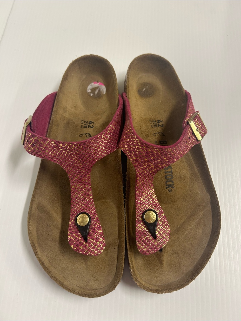 Birkenstock Gizeh Shiny Fuchsia Pink Gold Python Sandals 42 US 11
